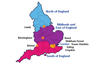 Et kort, der viser placeringen af National FGM Support Clinics i England